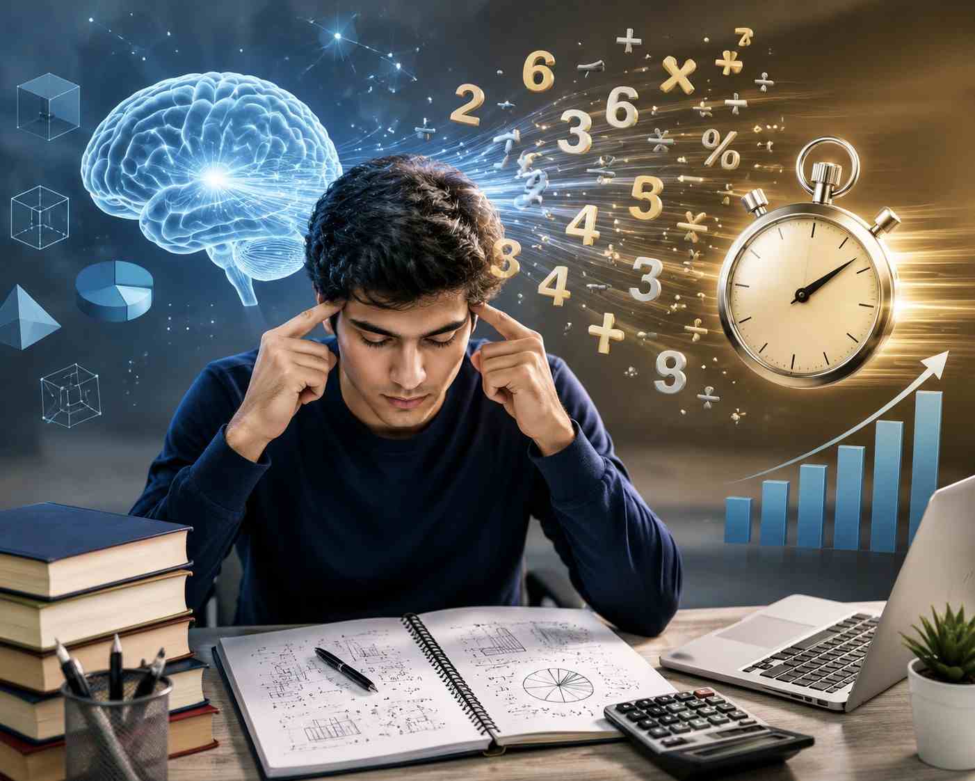 Mental math GMAT preparation illustration featuring a student studying with a notebook, calculator, laptop, glowing brain concept, mathematical symbols, clock and analytical visuals representing faster Quant calculations and improved problem-solving speed.